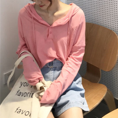 

Korean Style Fashion All-match T-shirt Solid Color Thin Hoodie Simple Casual Long-sleeved Women Hooded T-shirt