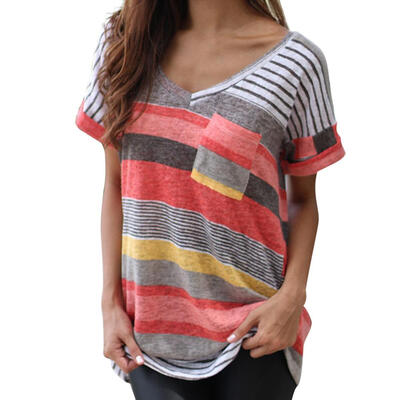 

Loose V-neck Women Tops with Pocket Short Sleeves Stripe Splicing T-shirt