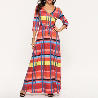 

Women Casual Dress Plaid Print Deep V-neck Half sleeve Ruffle Bandage Beach Boho Long Dress Red