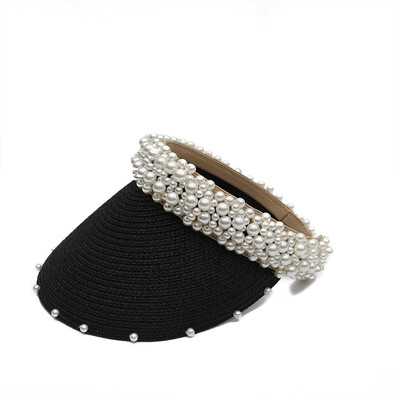 

spring&summer new hat womens summer knitted sun-shading cap hand-made pearl empty top straw hat travel beach cap