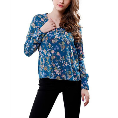 

Elegant Vintage Long Sleeve V-neck Floral Blouses Women Pullover Tops Cotton OL Shirts