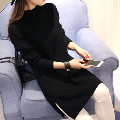 

Korean Style Long Section Half-neck Sweater Dress Striped Hem Split Dress Female AutumnWinter Women Solid Dresses