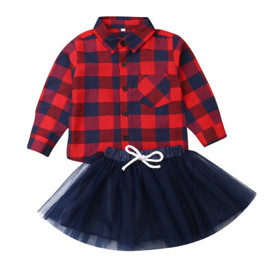 

Autumn Baby Girl Cute Long Sleeve Plaid Print Cotton Blouse Tops Short Mesh Skirts Casual Outfits Set