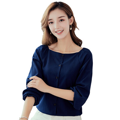 

Women Autumn Plus Size O-neck Blouse Single-breasted Solid Color Casual Long-sleeve Shirt