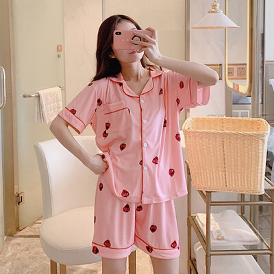 

Women Summer Cute Cartoon Short Sleeve Comfortable Simple Lapel Loose Home Pajamas Set