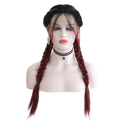 

Gobestart Synthetic Baby Hair Braided Double Lace Front Wig Long Black Ombre Black Wigs