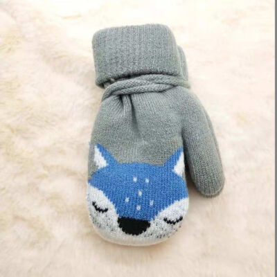 

Cute Cartoon Bear Baby Gloves Winter Wool Plus Thick Full Rope Finger Mittens Warm Knitted Gloves