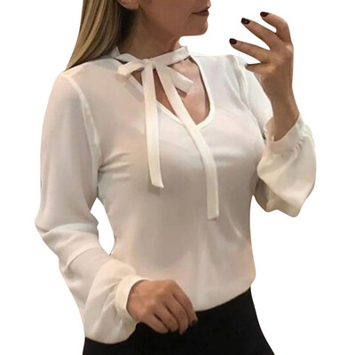 

Autumn Blouse Women Long-Sleeved Bow V-Neck Solid Lace Chiffon Shirt Casual Women Tops Comfort White Blouse Blusas