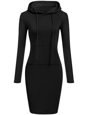 

Casual Solid Color Long Sleeve Drawstring Hoodie Dress with Pocket Slim Hooded Pullover Sweatshirt Dress