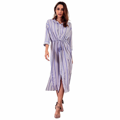 

Fashion Turn-Down Collar Button Up Long Shirt Dress Women Autumn Winter Long Sleeve Stripe Maxi Dresses
