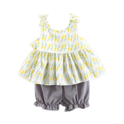 

2PCS 1-4T 2018 Summer New Fashion Baby Pure Color Print Short Sleeve Top Shorts Set Children Clothing Set Girls Suits
