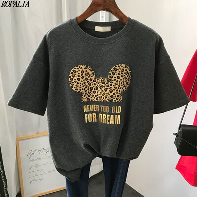 

Womens Round Neck Cartoon Print Bronzing Letters Short Sleeve T-Shirt Korean Style Sweet Pullover T-Shirts