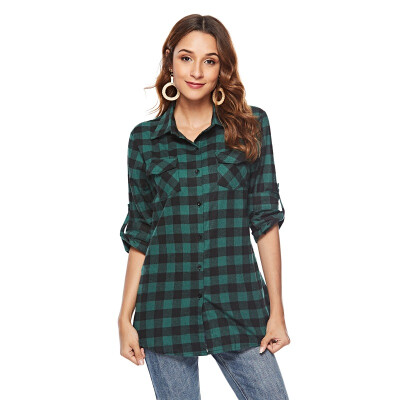 

Womens Casual Cuffed Long Sleeve Boyfriend Button Down Plaid Flannel Shirt Tops Women Fashion Pockets Tops And Blouses