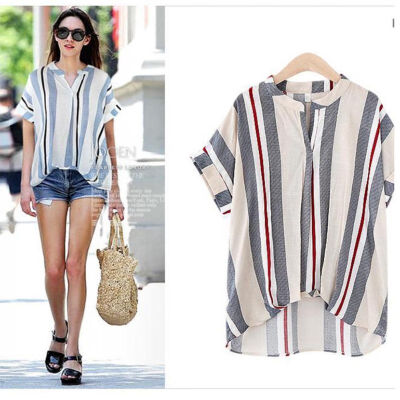 

New Striped Blouse Women Loose Fit Short Batwing Sleeve V-Neck Shirt Stripes Fashion Top All Match New Arrival For Women Blouse