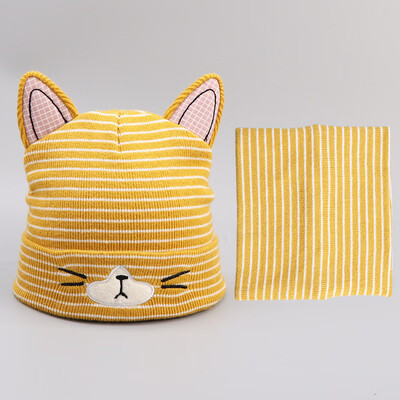 

Childrens knitted cotton scarf head cap for autumn&winter new cartoon two-piece hats for boys&girls kittens