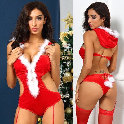 

Gobestart Women Sexy Christmas Festival Hooded Bodysuit Backless Jumpsuit Lingerie Garter
