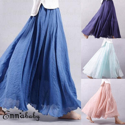 

New Women&39s Linen Layered High Waist Dress Loose Swing Party Beach Casual Skirt
