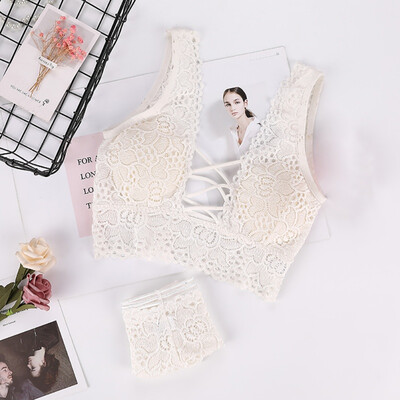

Sexy Bandage Lace Cross Belt Hollow Bra Lingerie Bra Set Intimates Underwear Set Lace Push Up Wire Free Bra&Panty Set