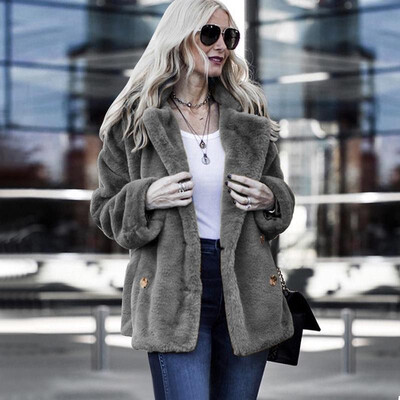 

Fashion Women Autumn Winter Faux Fur Coat Solid Open Front Notched Collar Long Sleeve Fluffy Outerwear Jacket