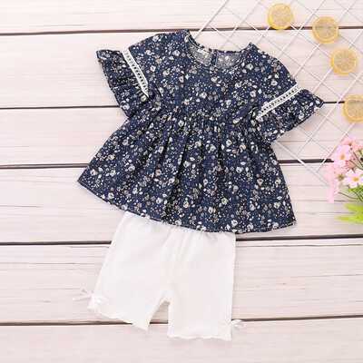 

2019 New Summer Children Baby Girls Casual Floral Pattern Flare Sleeve Tops VestShorts Suits Costume Set