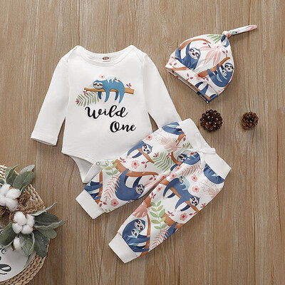 

Autumn Fashion Baby Boy Girl Long Sleeve Cartoon Print Romper Tops Trousers Hat 3Pcs Kids Outfits Clothes