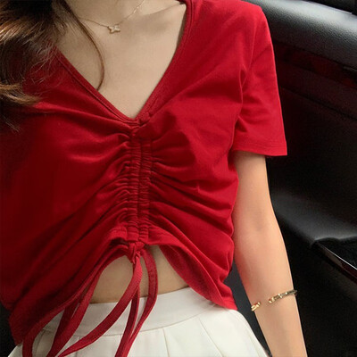 

Sexy V Neck Cropped Tank Tops Women Drawstring Tie Up Front Camis Candy Colors Streetwear Loose Crop Top 2019