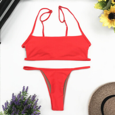 

bikini 2019 Womens Bikini bathing suit women Two Piece Vertical Striped Flat Top&Thong Solid Color
