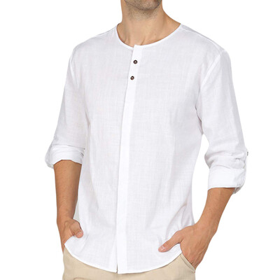

Tailored Mens Fashion Baggy Cotton Blend Solid Color Long Sleeve Round Neck Shirts