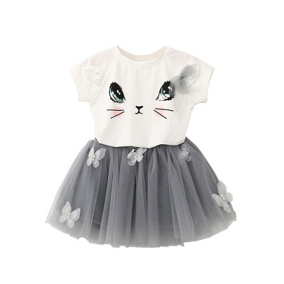 

Summer Fashion Girls Short-Sleeved Suit Clothing Girls Cartoon Kitten Printed T-shirt Pompon Veil Skirt Butterfly