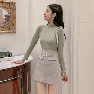 

Womens Cashmere Wool T-shirt Half High Collar Solid Color Pullover Solid Color Korean Harajuku Basic Tee Shirt Femme