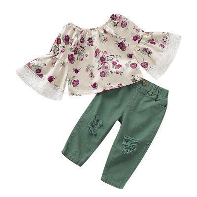 

Casual Flare Sleeve Flower Print Autumn Baby Girls Cute T-shirt TopsPants Suits Costume Set