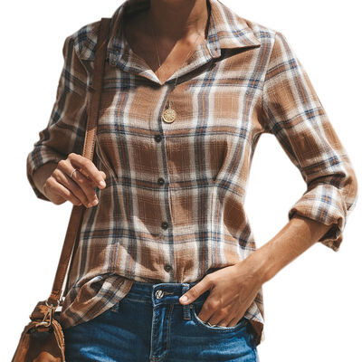 

2019 autumn fashion casual lapel wild long-sleeved plaid shirt trend V-neck long-sleeved thin coat women