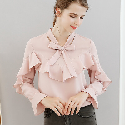 

Women Autumn Harajuku Neckline Bow Plus Size O-neck Blouse Solid Color Casual Butterfly Long-sleeve Shirt