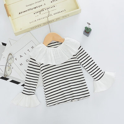 

Children Cotton Cute Striped Print Lotus Leaf Collar Wear Bottoming Long Sleeved Cotton Casual t-Shirt