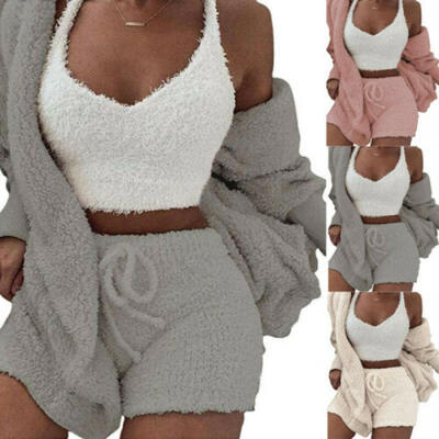 

AU Women Winter 2PCS Set Cardigan Sweater Plush Hooded CoatSlim Shorts Set