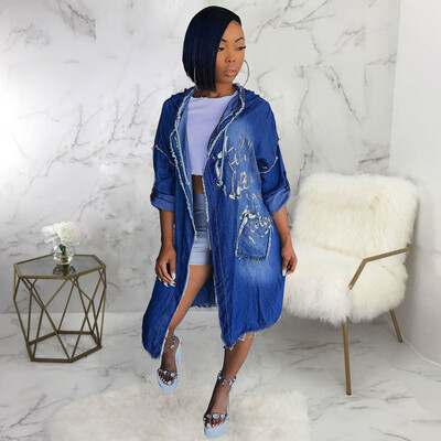 

Gobestart Women Fashion Turn-down Collar Pockets Printing cowboy Cardigan Coat