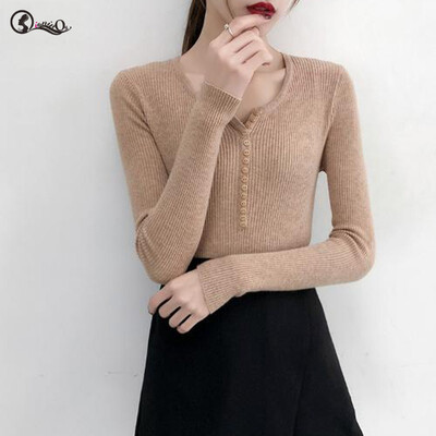 

Autumn Women Sweater NEW New Solid Ladies Sweater Sexy Button Slim V-neck Long-sleeved Knit Pullovers