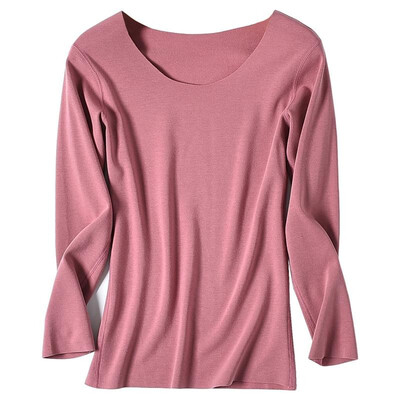 

Fashion Women Autumn Solid Color T-Shirt Seamless O Neck Long Sleeve Warm Thin Soft Bottoming Top