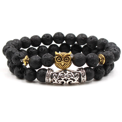 

Magic Antique Gold Plated Lion Leopard Dragon Owl Head Bracelet Black Lava Stone Beads Bracelets For Men Women