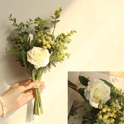 

Artificial Rose Bouquet with Eucalyptus Leaves&Berries 13-Inch Tall for Table Home Office Decor Wedding Floral Arrangement