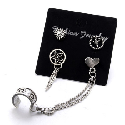 

Sun Leaf Love Chain Alloy Stud Hoop Earring Set Bohemia Women Silver Arrow Fatima Hand Carved Ear Clip Jewelry 4 Pcs Set