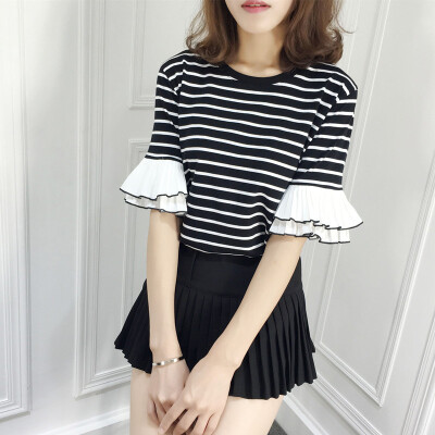 

Black White Fashion Striped Women Shirts Flare Sleeve Elegant Chic Slim Blouse O Neck Casual Tops Blusas