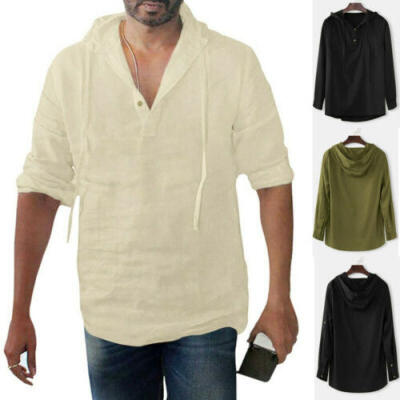 

Cool Mens Linen Long Sleeve Hooded Shirt Loose Casual V-Neck Tee Blouse Tops