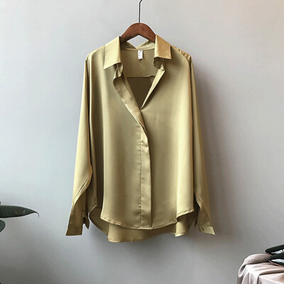 

Ladies Shirt Korean V-neck Solid Color Loose Lazy Style Long Sleeve Blouse Champagne Color Elegant Women Tops&Blouses