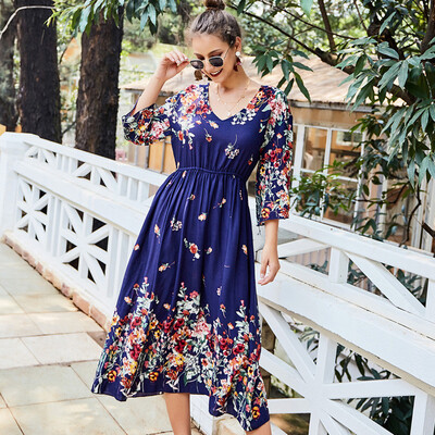

Tailored Womens Autumn Sexy Deep V-Neck Long Floral Print Long Sleeve Mid Dress