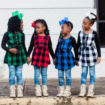 

US Kids Toddler Baby Plaid Girl Long Sleeve Dress Princess Party Dresses Clothes