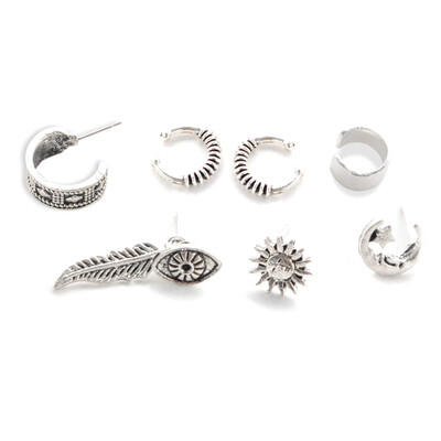 

Moon Stud Vintage Carved Trend Hand Beauty Set Alloy Hoop Earring Women Silver Chic Kit