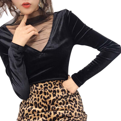 

Women Sexy V Neck T Shirt Mesh Stitching Long Sleeve T-Shirt Korean Style Fashion Solid Top