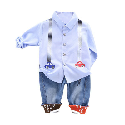 

Baby Boys Casual Long Sleeve Cartoon Car Print Blouse TopsDenim Pants Trouser Autumn Children 2pcs Costume Set