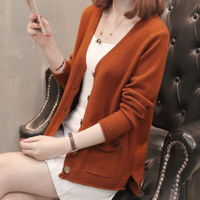 

Womens Sweater Korean V-Neck Autumn Winter Sweater Full Sleeve Single-breasted Short Loose Sweater Solid Color Knit Cardigan